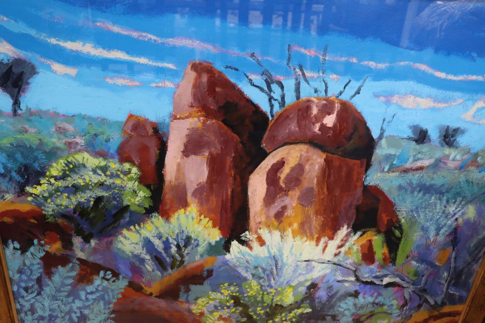 David Cuthbert, acrylic on paper, Rocks, Tibooburra, signed and dated 2000, Bankside Gallery label verso priced at £1750, 76 x 97cm